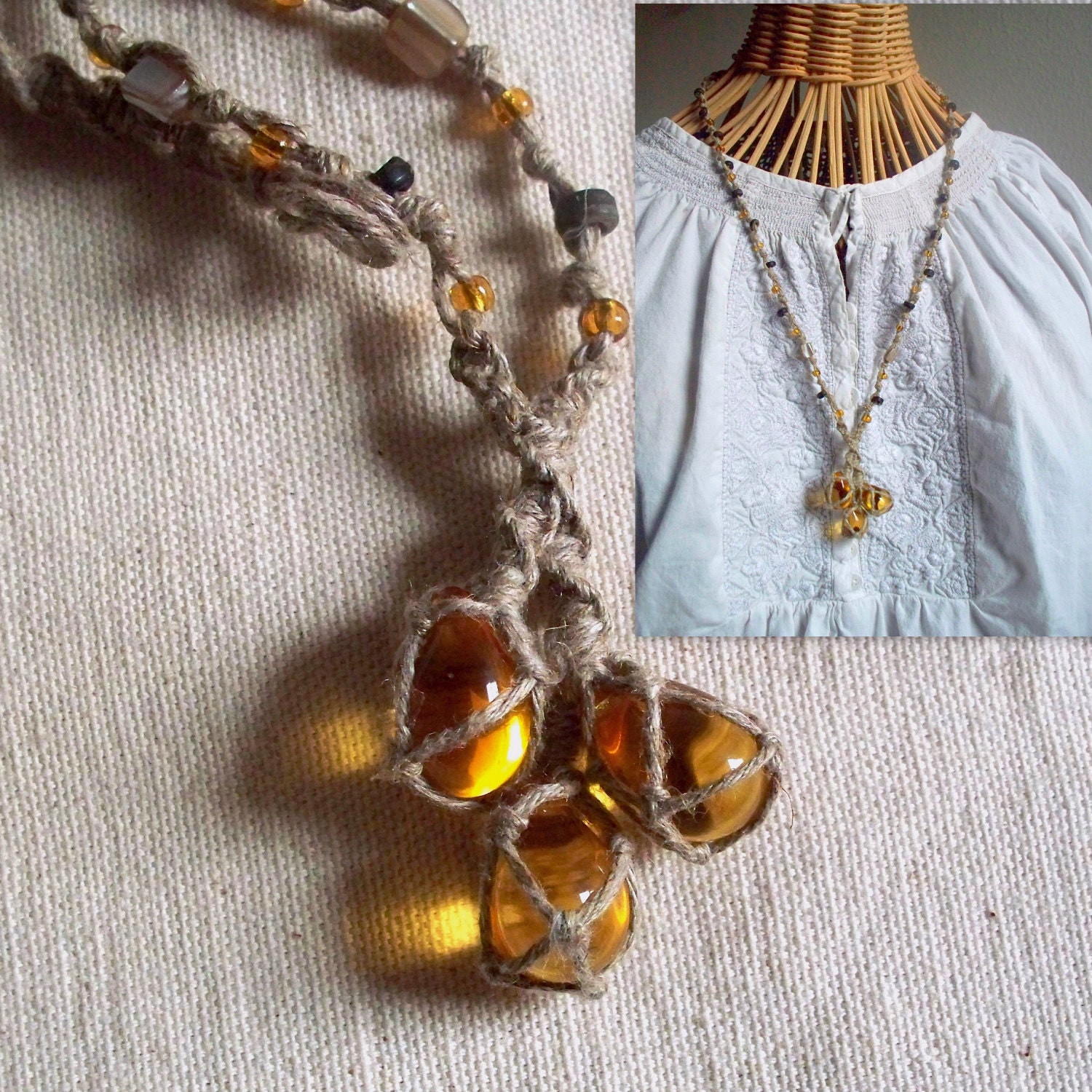 Amber Glass Pendant Necklace. Long Hemp Necklace. Organic Super Soft Hemp Jewelry. Netted "Fishing Floats" Yellow Gift unique OOAK HHM