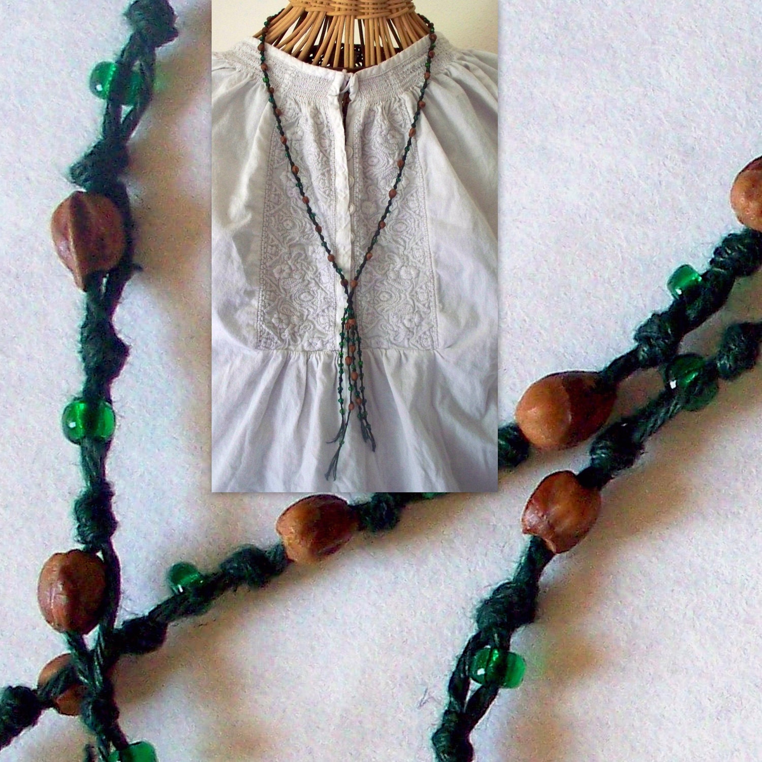 Long Hemp Necklace Organic Forest Green w/ Cedar Seeds (real) Beads & Green Glass Seed Beads 29"  Gift For Her. OOAK HHM