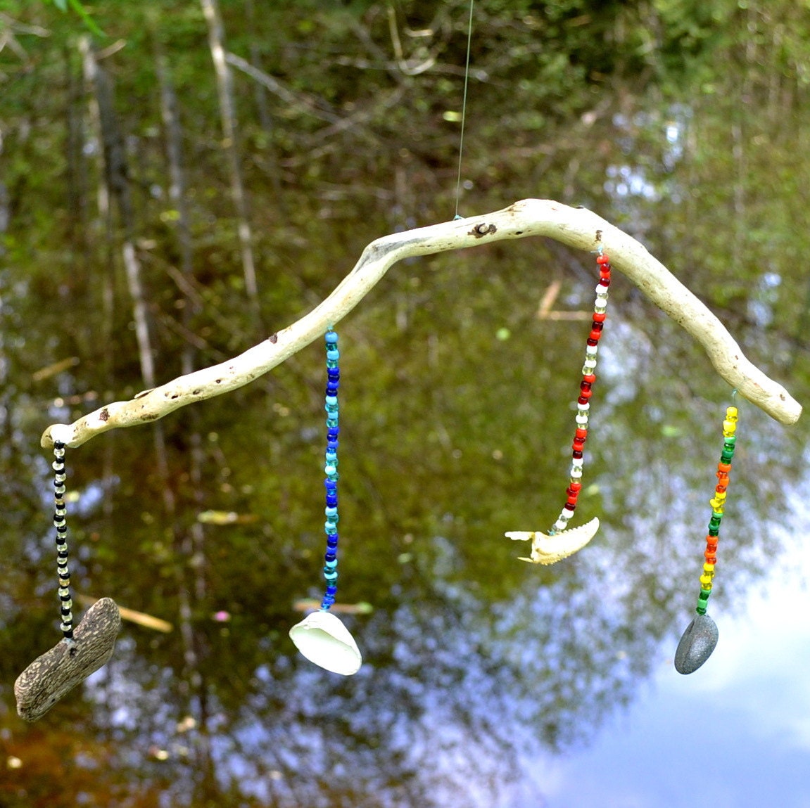 Handmade Mobile Beach Wood Driftwood Room Decor or for your Porch. Seashell Sea Shell, Crab Claw. Multi Colored Glass Beads