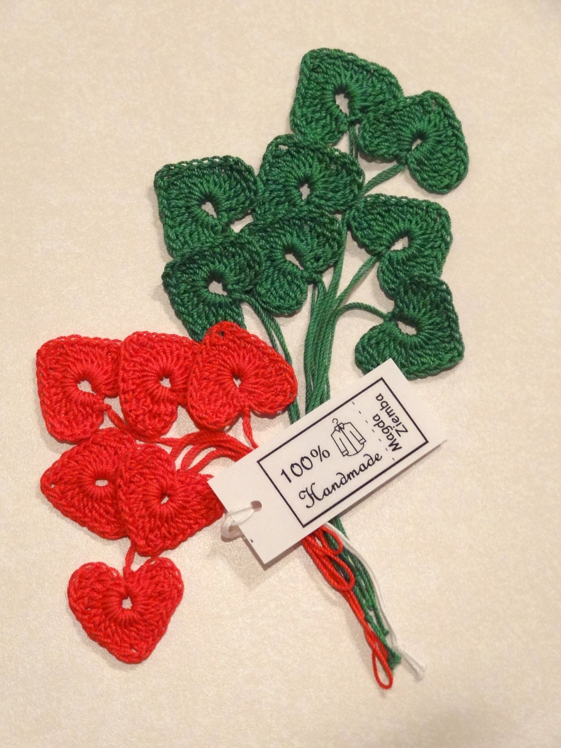 10 Little Tiny CROCHET HEARTS in green and red great for Decorations, Ornaments, Embellishments as Gift Tags, Easter