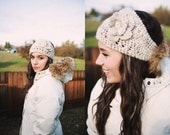 Crocheted Ski or Snowboarding Headband with Flower in Soft Wheat