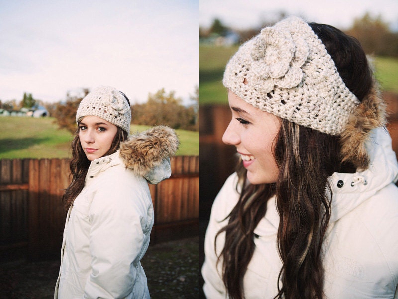 Crocheted Ski or Snowboarding Headband with Flower in Soft Wheat