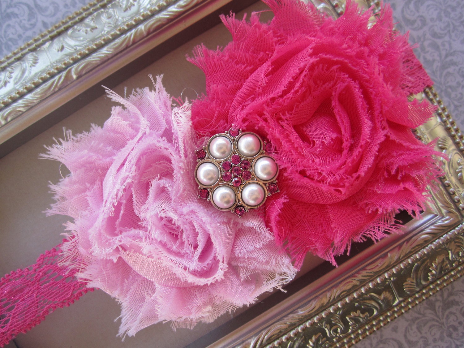 Pink Flower Headband - Shabby Chic Rosette Headband - Lace Elastic Headband - Girls Flower Headband - Baby Girl Headband - Valentines Day