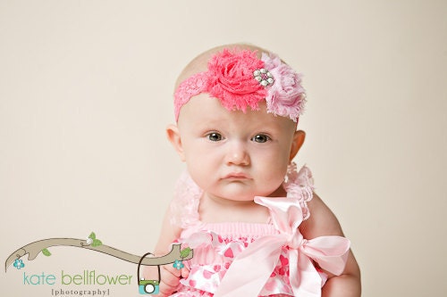 Pink Flower Headband - Shabby Chic Rosette Headband - Lace Elastic Headband - Girls Flower Headband - Baby Girl Headband - Valentines Day