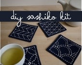 DIY Kit Sashiko Embroidery: Genki Coasters (Set of 4) w/ gray polka dot backing