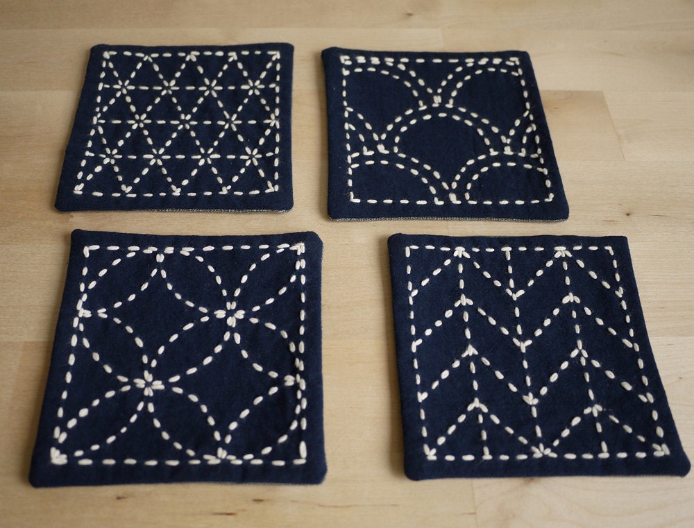 DIY Kit Sashiko Embroidery: Genki Coasters (Set of 4) w/ gray polka dot backing