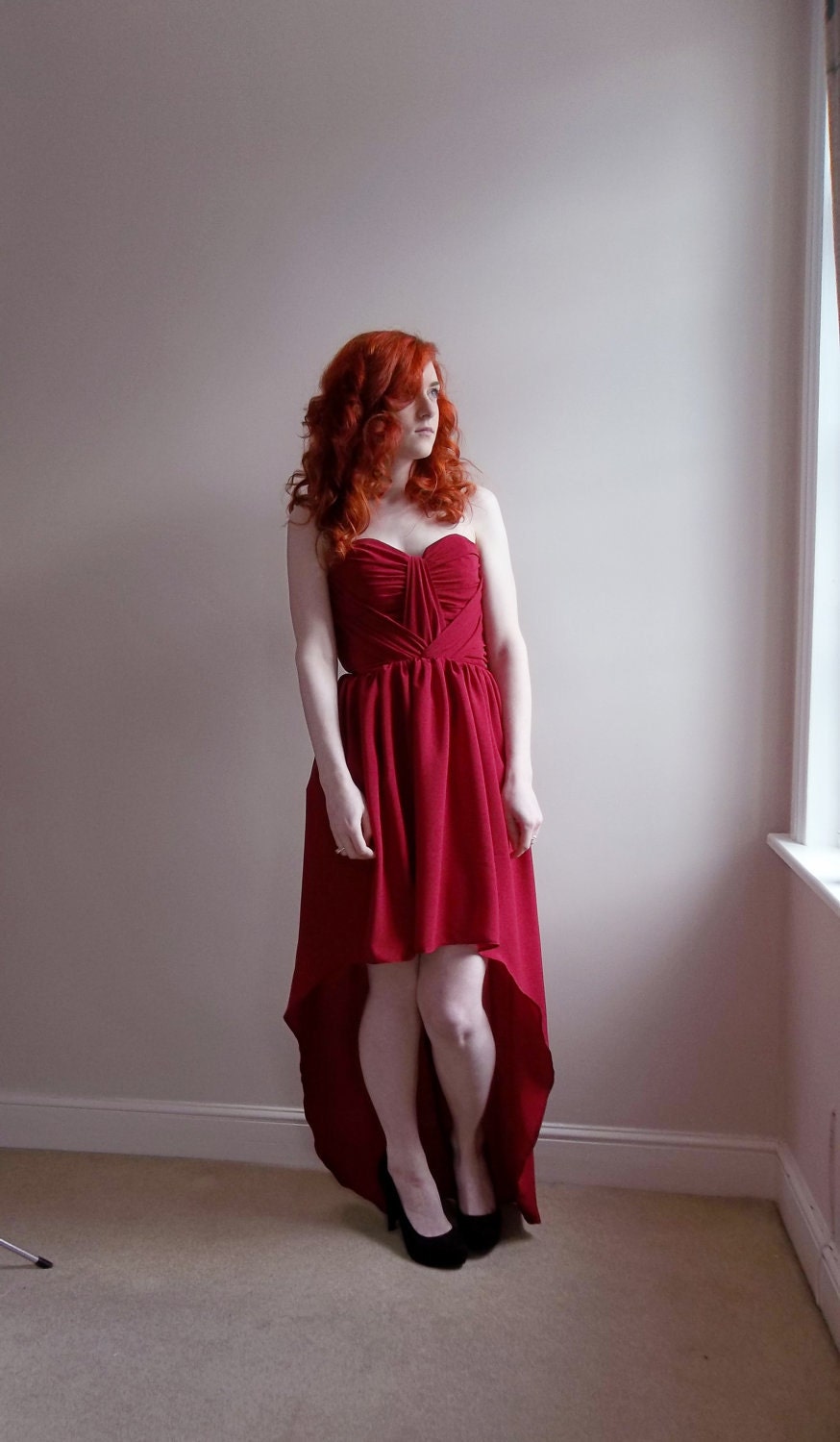 Deep Red Sweetheart Short Front high low hem  Dress - Wedding, Evening, Grecian UK Ethical Designer mullet hem Ready to ship Free Shipping