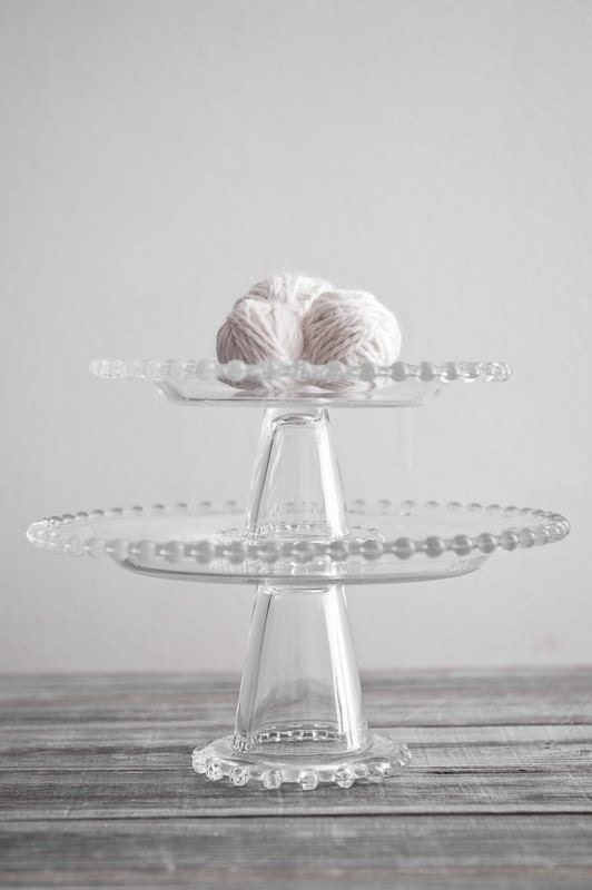 Vintage Glass Candlewick Pedestal Cake Stand - Set of Two