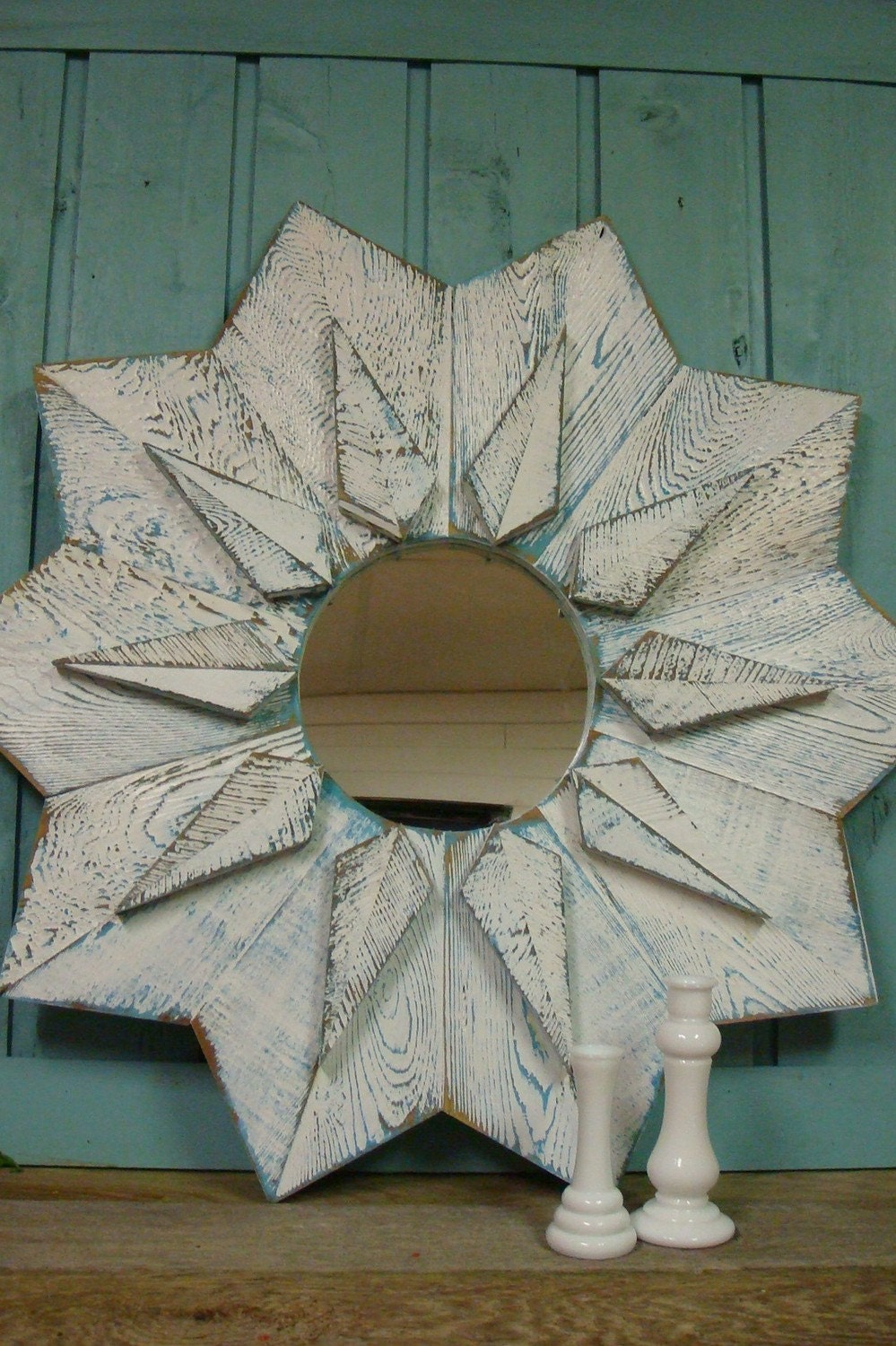 Shabby Chic Weathered White Turquoise Starburst Mirror by Castawayshall - 36 inches