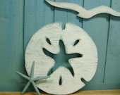 Sand Dollar Sign, Seagull and Starfish in Weathered White Beach House Wall Decor