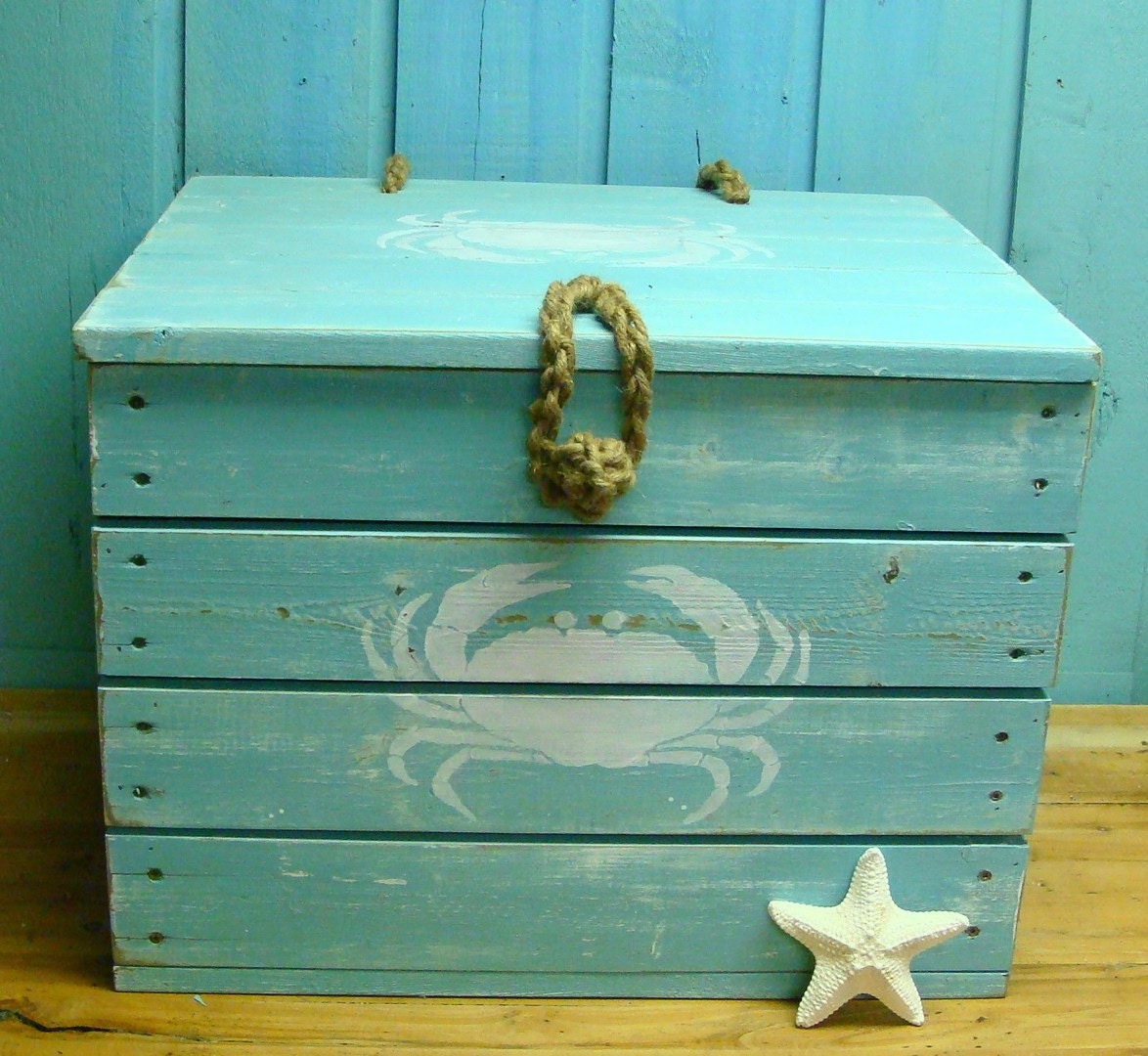 Crab Crate Side Table Treasure Chest Trunk in Turquoise - Ready to Ship