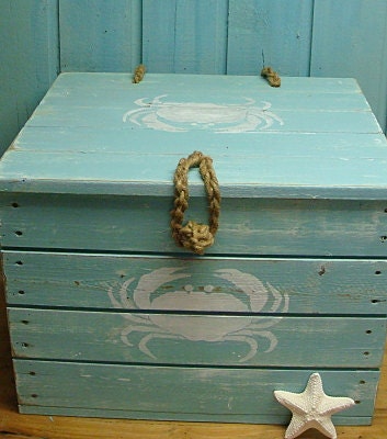 Crab Crate Side Table Treasure Chest Trunk in Turquoise - Ready to Ship
