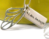 i am enough butterfly wing hand stamped word tag sterling silver necklace small - PureRoxInPrint