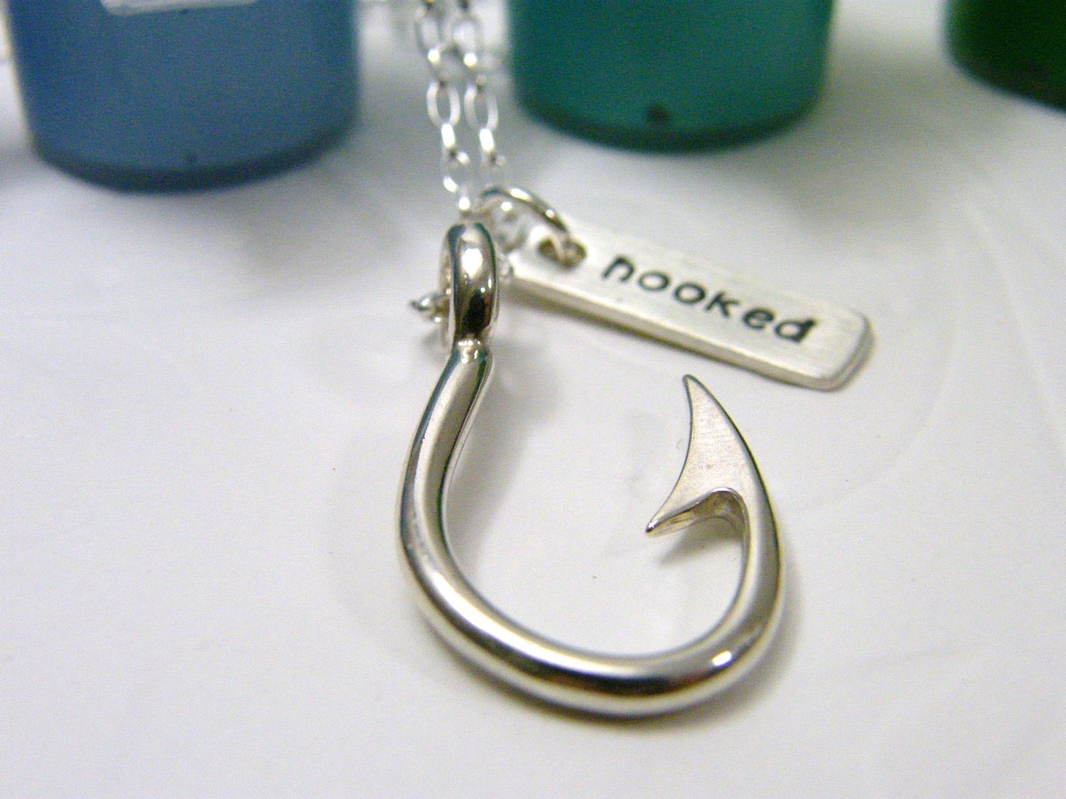hooked fish hook sterling silver necklace with hand stamped tag unisex mens fathers day