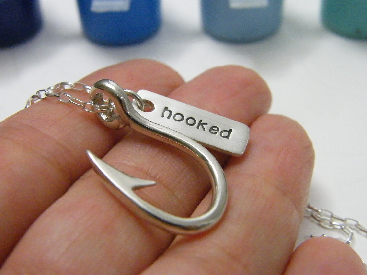 hooked fish hook sterling silver necklace with hand stamped tag unisex mens fathers day