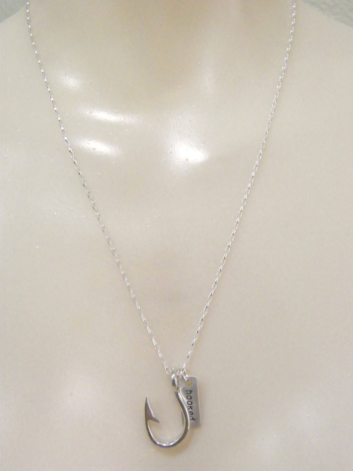 hooked fish hook sterling silver necklace with hand stamped tag unisex mens fathers day