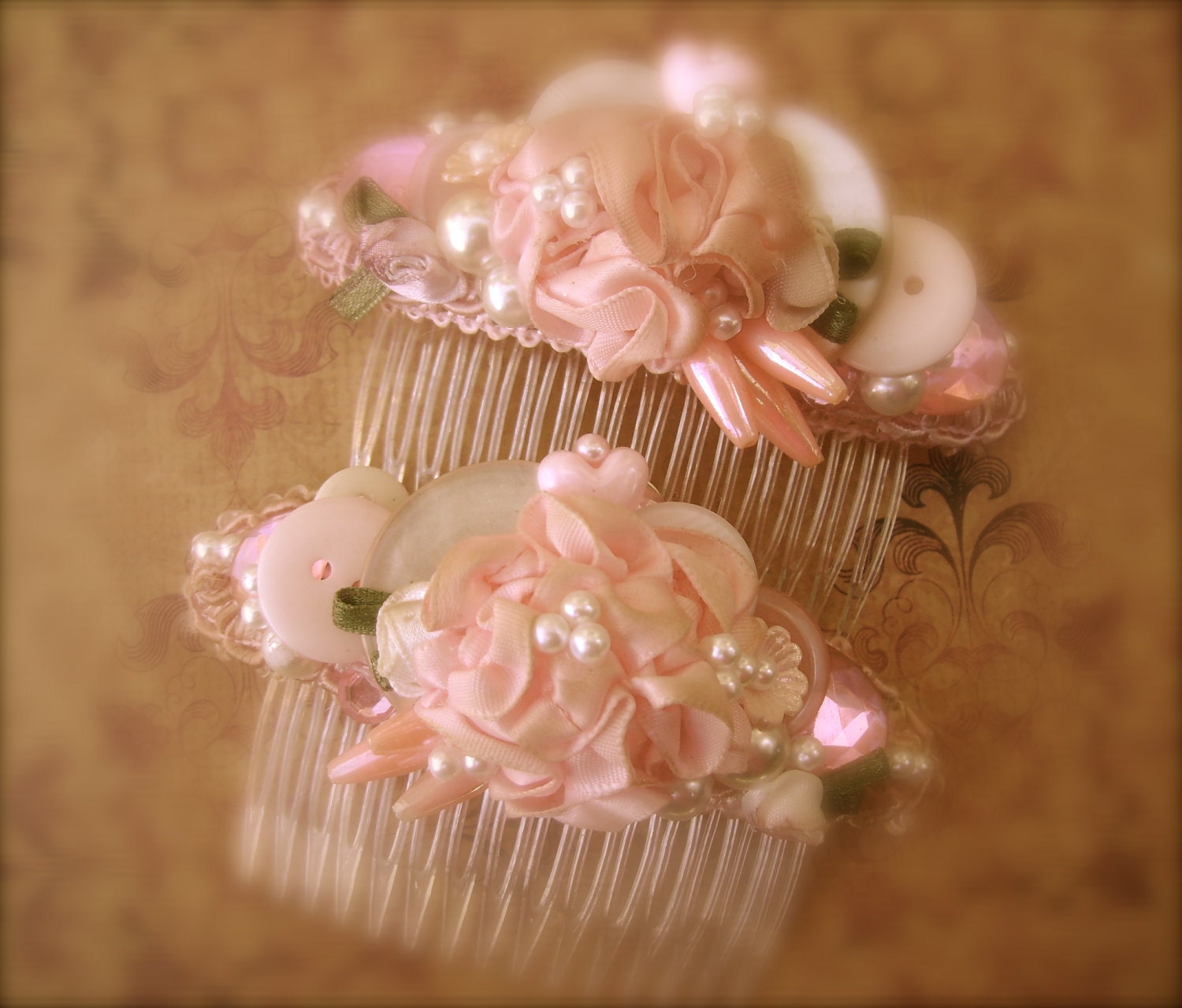 Pink Hair Combs-Handmade-Set of 2-vintage & Found Items -- FREE SHIPPING