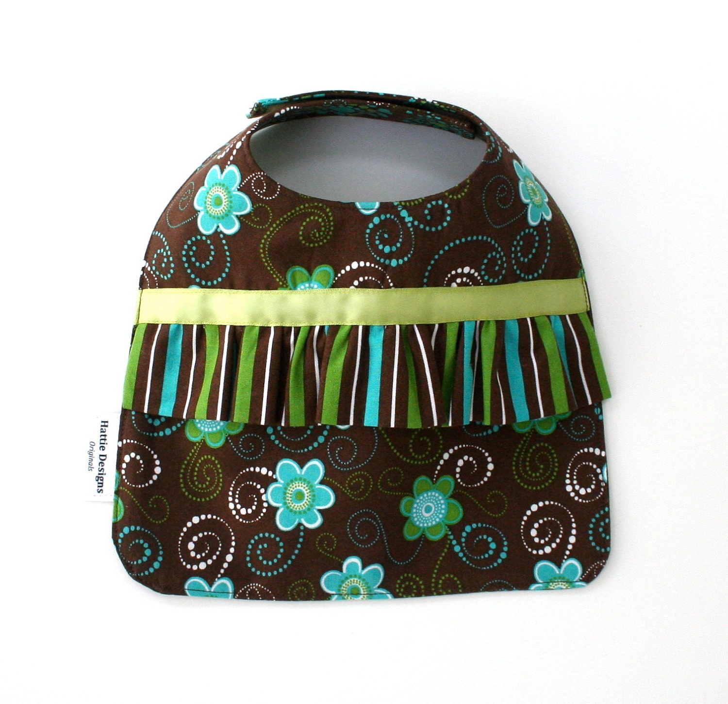 Boutique Baby Girl Bib in Turquoise and Chocolate Brown Cotton