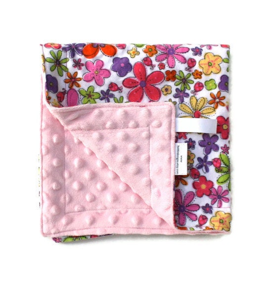 Baby Girl Blanket Security Blanket in Flower Flannel and Pink Minky