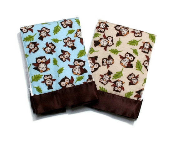 Baby Burp Cloth Set Premium 6 ply Cloth Diapers with Flannel Owls in Blue and Tan