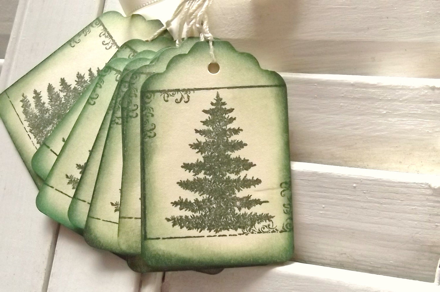 Pine Tree Tags - Nature, Scrolls, Elegant, Green and Cream 8 - SweetlyScrappedArt