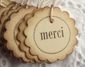 MERCI Thank You Tags - Vintage Inspired, Scalloped Circle, Brown and Cream 12