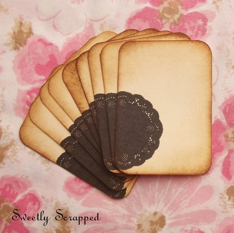 Black Doily Journal Cards, Set of 8, Hand Aged and Rounded Corners