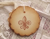 Fleur De Lis Tags, Scalloped Circle, 2 Inch, Brown and Sepia, Gift Wrap, Label, Packaging