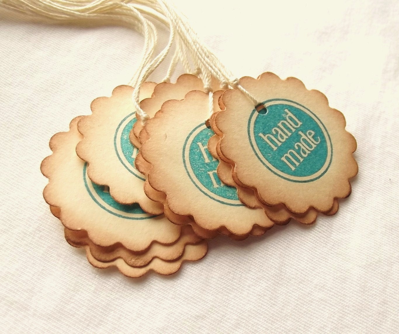 Handmade Hang Tags - Circle Tags, Scalloped, Vintage Inspired, Teal, Aqua Blue 10