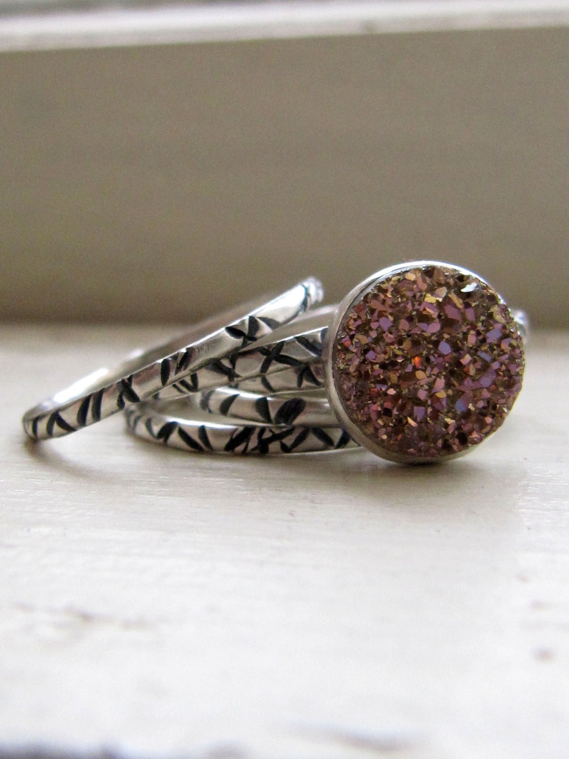 Rose Quartz Silver Pattern Rings Stack Set