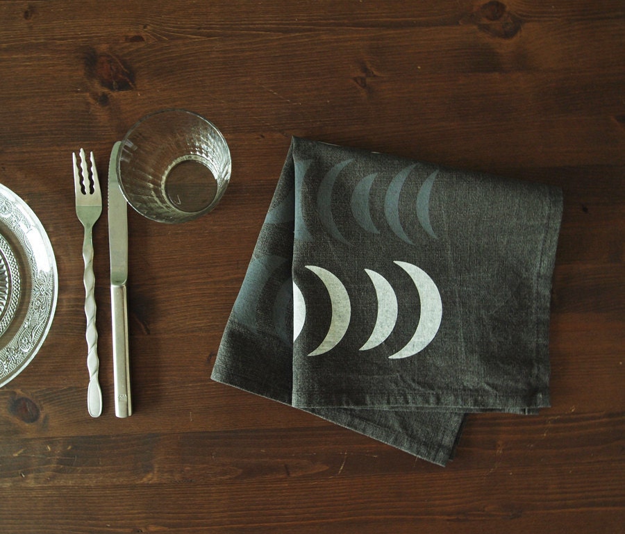 18 inch Hand-printed "Nights" Table Napkin, White and Grey on Washed Charcoal