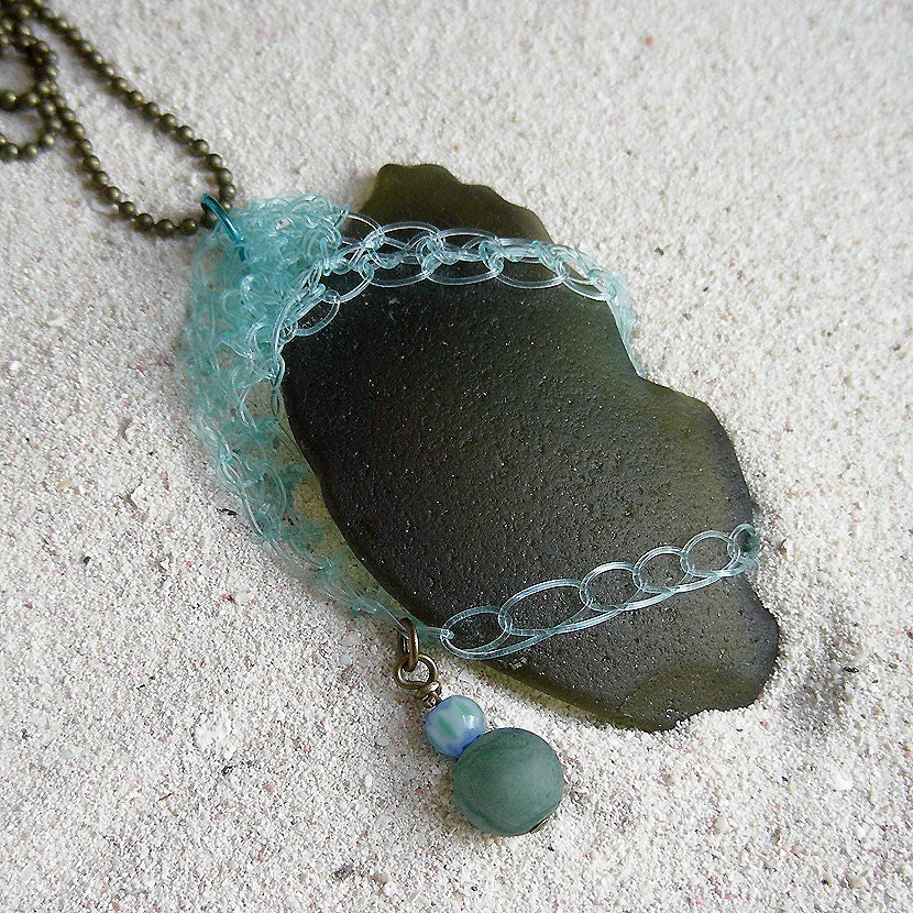 Big Dark Olive Green Sea Glass Necklace w/ Aqua Fishing Line Crochet Wrap - Beach Finds Jewelry - Statement Necklace - Gift under 40