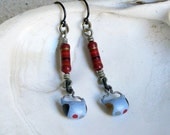 Stripes & Dots Pattern - Red and Blue Drop Earrings - Upcycled Recycled Vintage Electronic Component Dangles - Jewelry under 25