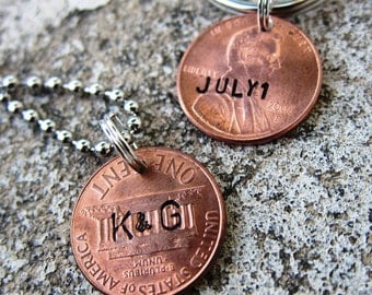 Hand Stamped Anniversary Penny set with Year - Personalized (necklace, keychain, or cell charm) -Made to Order-
