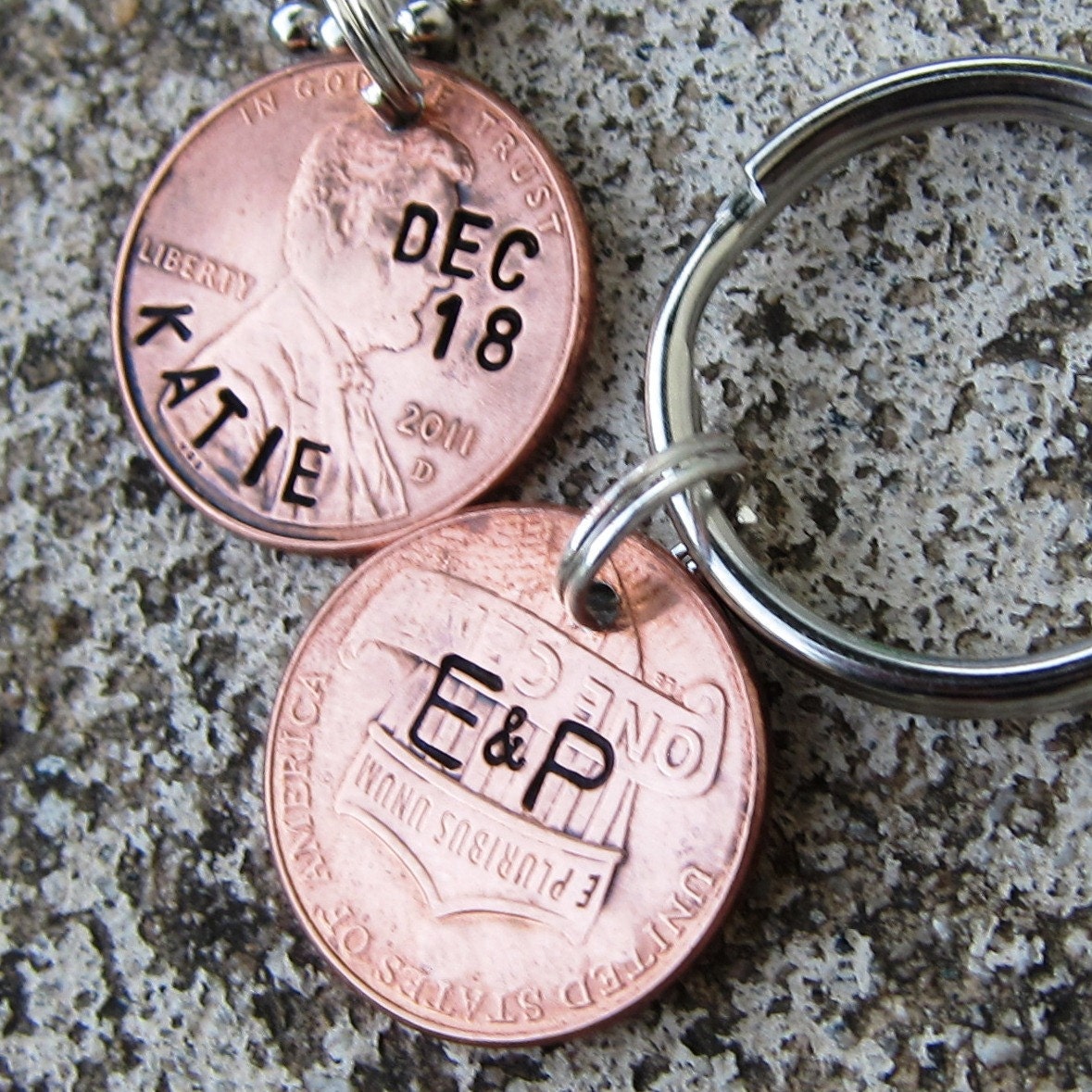 5 Hand Stamped Wedding Pennies - Perfect Bridesmaid or Groomsmen gifts - Personalized (necklace, keychain, or cell charm) -Made to Order-