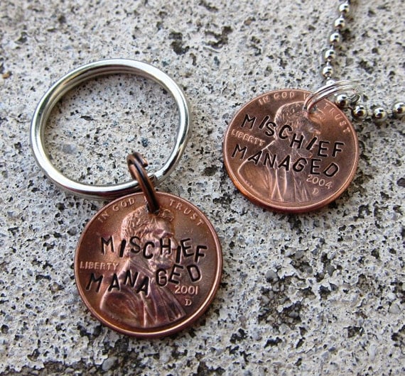 Harry Potter Penny - Mischief Managed - Hand Stamped Penny (choice of keychain, necklace or cell charm) -Made to Order-