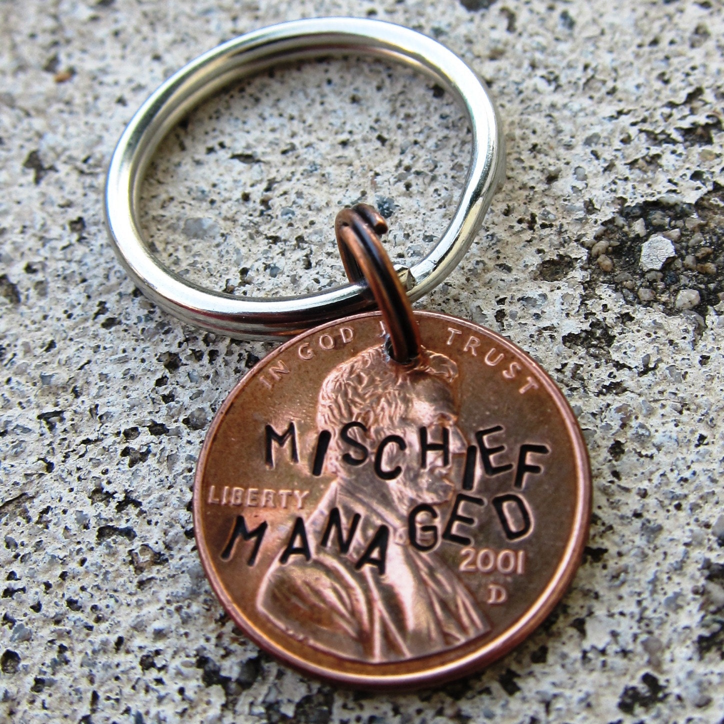 Harry Potter Penny - Mischief Managed - Hand Stamped Penny (choice of keychain, necklace or cell charm) -Made to Order-