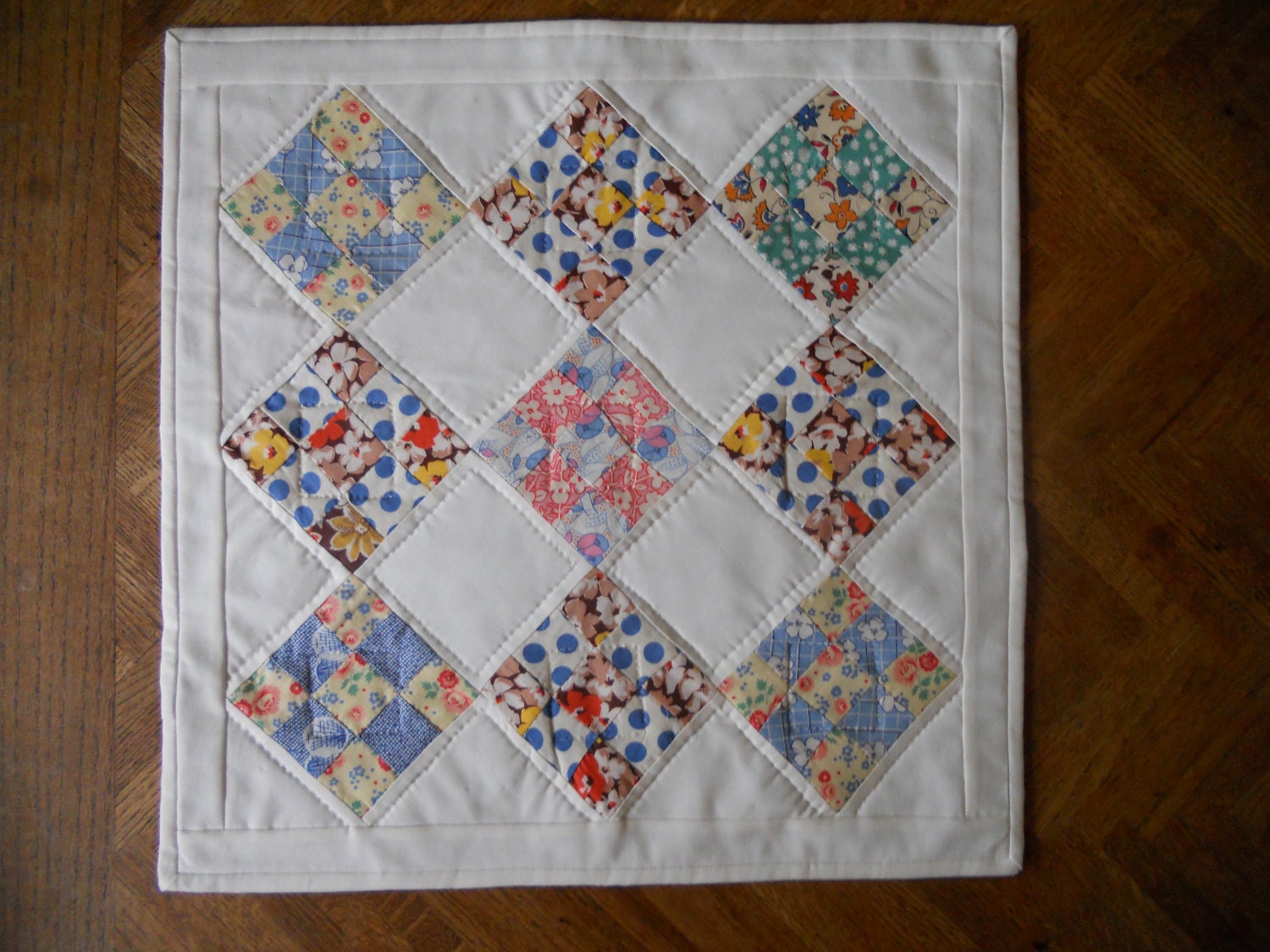 Vintage Fabric Quilted Table Topper Runner Wall Hanging Nine Patch