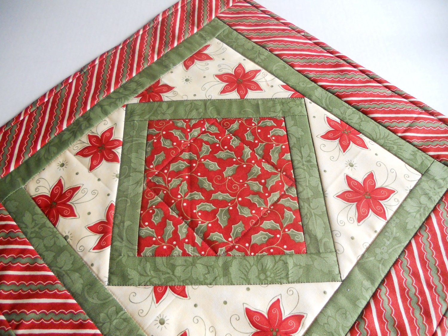 Christmas Quilted Table Topper Runner Candle Mat Red Green Ivory