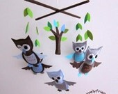 Mobile -Baby Crib Mobile - Baby Mobile - Crib mobiles - Felt Mobile - Nursery mobile - " Grey blue, tree & chocolate owls " Design