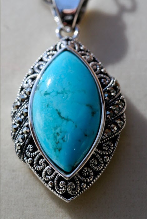 Destina - Turquoise Cabochon Marcasite Pendant / Necklace