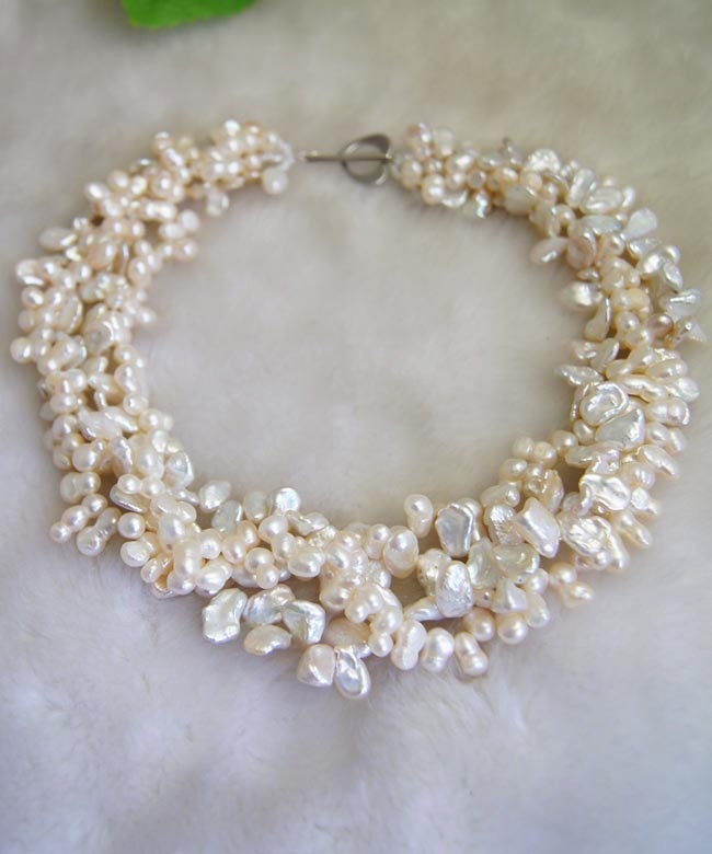 Bridesmaid Gifts,Bead Necklace,Beaded Jewelry,Pearl Necklace - Four Strand Necklace With White Keshi and Baroque Freshwater Pearl
