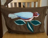 Brown Organic Cotton Canvas Messenger Style Bag, with Colorful Bird SALE