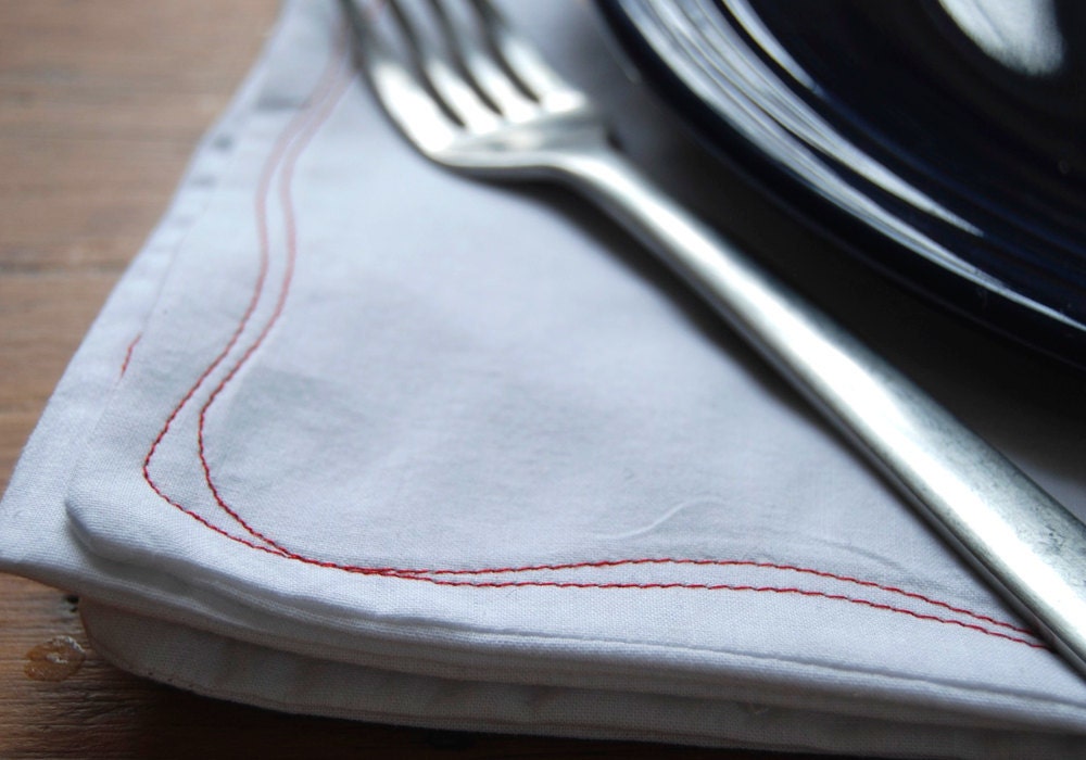 White Cloth Dinner Napkins with Red Stitching Set of 4 SALE