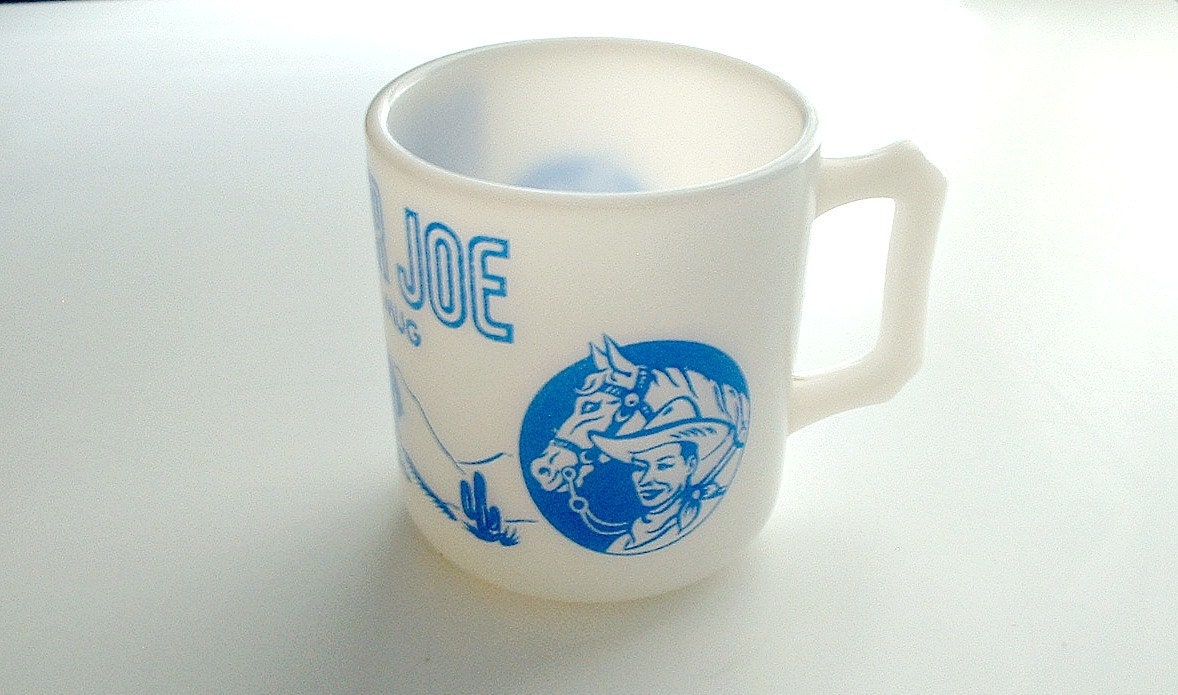 Vintage Ranger Joe Hazel Atlas Ranch Horse Mug Cup Blue Graphics 1950's Equestrian Cowboy