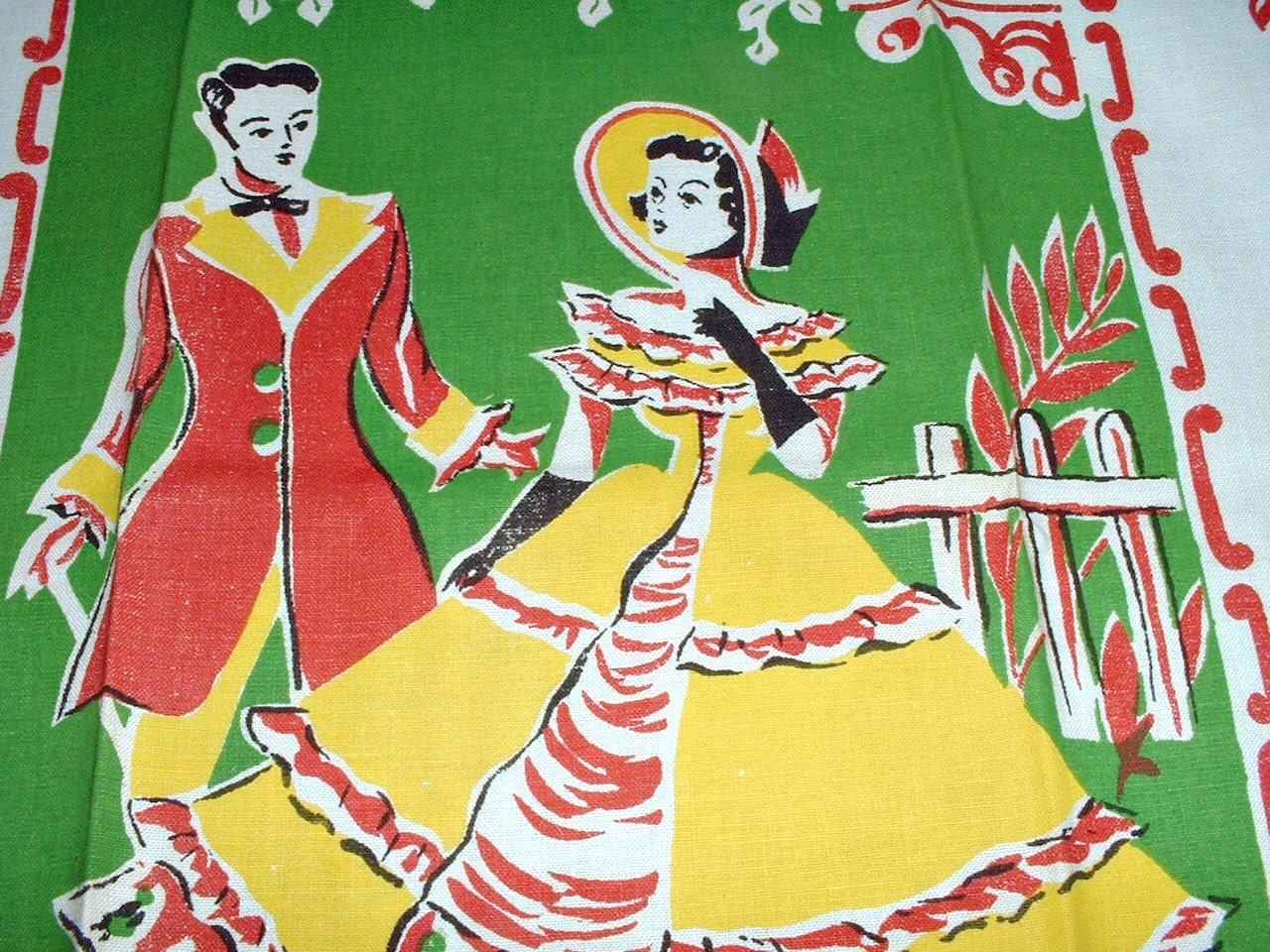 Vintage Towel Gone With The Wind Southern Belle and Gentleman Green Yellow Red