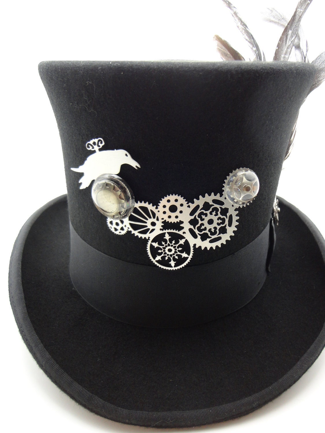 Steampunk Hat- Black Top Hat in Wool Felt Size X-Large with Large Silver Geared Raven Focal and Feathers by Dr Brassy Steampunk