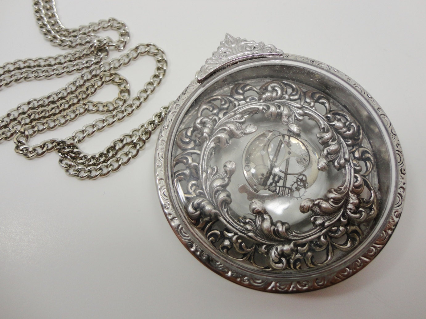 Steampunk Necklace Antigravity in Sterling Silver plated Brass Art Nouveau Large Pedant Necklace  - by Dr Brassy Steampunk