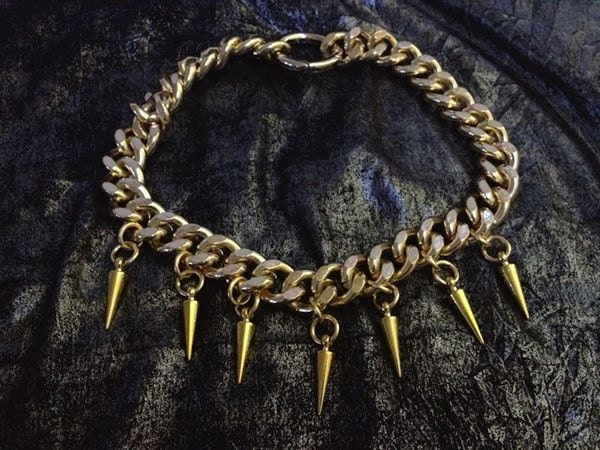 Sparrow, Chunky Gold Chain Choker Necklace with Spike Drop II, 18K Gold plated
