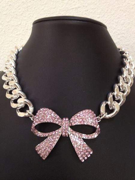 Dollyface, Pink Crystal Bow with Large Chunky Silver Chain Necklace